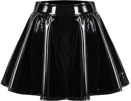 Damen Stretch Skater Röcke Informell Mini Glocken Rock Hohe Taille Metallischer Faltenrock PU Lederrock Sexy A-Linie Silber Rock Karneval Metallic Y2K Tanzrock Rave(3-Black, XXXL)