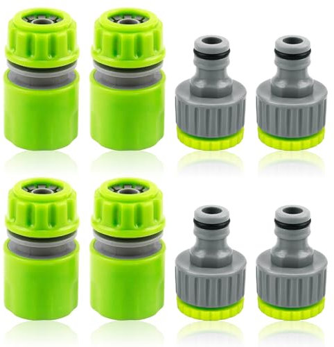 Smomend 8 Piezas Juego de Conexión para Manguera de Jardín, Contiene 4 Adaptador Manguera Grifo 2 en 1 para Manguera de 1/2 y 3/4 Pulgadas, Conexión Rápida de 1/2 Pulgadas, Lavado y Jardinería, Verde