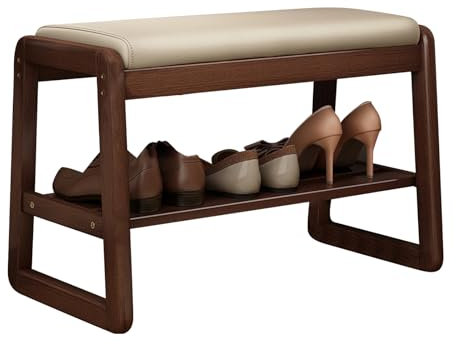 Treesunshine Zapatero de madera maciza con asiento, banco con espacio de almacenamiento, 55 x 36 x 42 cm, soporta hasta 100 kg, zapatero con banco para pasillo, salón, armario, baño, pasillo (caqui)
