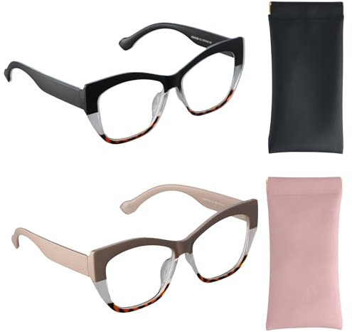 Anseom 2 Piezas Gafas con Bloqueo a Luz Azul, Gafas de Lectura para Mujer Hombre, Gafas de Ojo de Gato de Gran Tamaño, Gafas Moda Ligera para Gaming Lectura Computadora