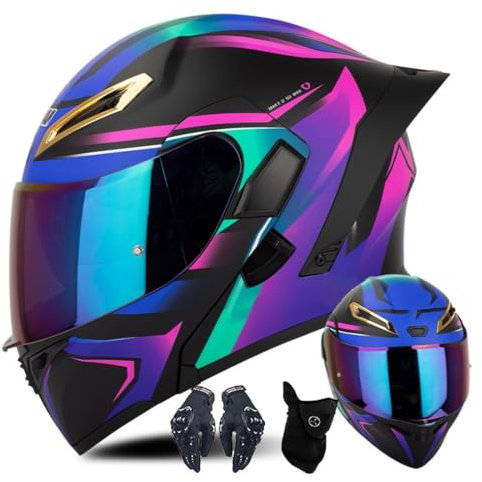 Casque modulaire avec gants et couvre-visage, casque rabattable ECE pour adulte avec double visière