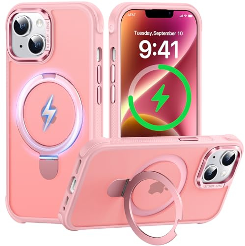 AurySharled Hülle für iPhone 13/14 mit Unsichtbarem Magnetisch Ständer, Militärischer Fallschutz, rutschfest, Anti Fingerabdruck Kratzer, Stoßfeste Matte Handyhülle (Rosa)