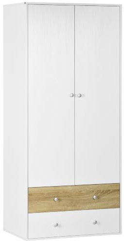 HOMCOM 2-Door Wardrobe with 2 Drawers, Modern Tall for Bedroom, White | Anging Rod, Anti-Tipping Straps