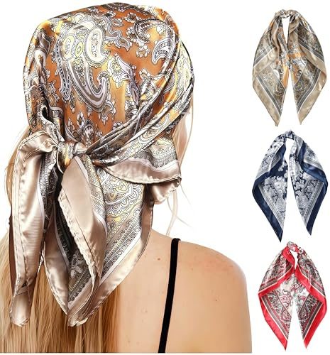 Xanthelle Kopftuch, 3 Vintage Haartücher Damen 60x60cm, Satin Bandana Tuch, Haartuch zum Binden, Kopftücher für Damen, Tuch für Haare, Seide Haartuch, Tücher