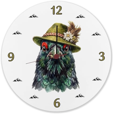 speecheese Wanduhr aus Alu Auerhuhn mit Trachtenhut, Spruch, rustikal | Alpenländisches Aquarell-Motiv mit Trachtenhut für Naturfreunde, Bergliebhaber und Wildtierfans. Leise Quarzuhr, ca. 28 cm.