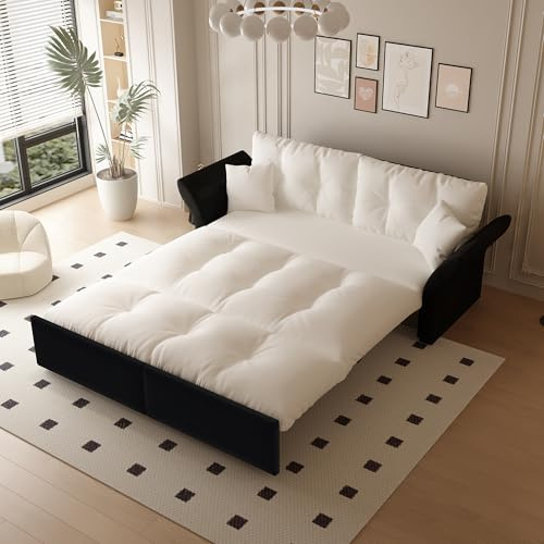 Jaxenor 190 cm Schlafsofa Ausziehbar, Queen-Size Ausziehsofa mit Schlaffunktion für Wohnungen, 3-in-1 Konvertibles Schlafsofa, Klappsofabett mit Tufting und 2 Kissen, Velourssofa-Bett, Beige
