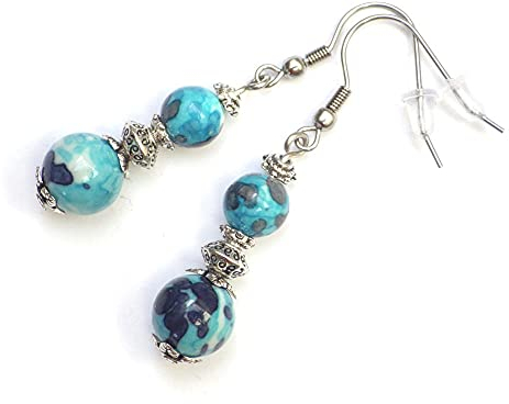 Ohrhänger aus Edelstahl mit blauen und lila gebeizten weißen Jade Perlen