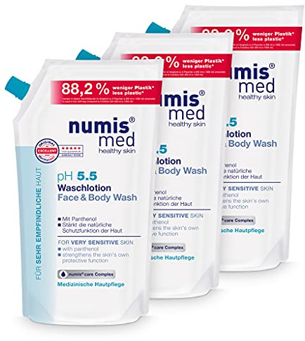 numis med Waschlotion ph 5.5 Nachfüllbeutel - 3x Hautberuhigende Körperlotion für sehr empfindliche & sensible Haut - vegane Hautpflege ohne Silikone, Parabene & Mineralöl - Lotion (3x 1000 ml)
