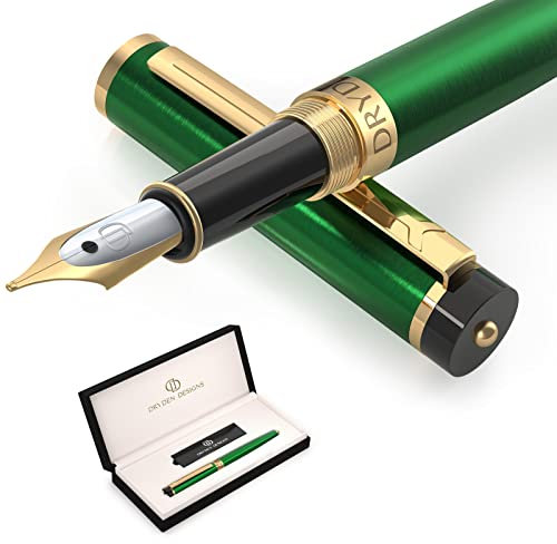 Dryden Designs Fountain Pen - Medium Nib Premium Box | 6 Ink Cartridges Included | Emerald Green