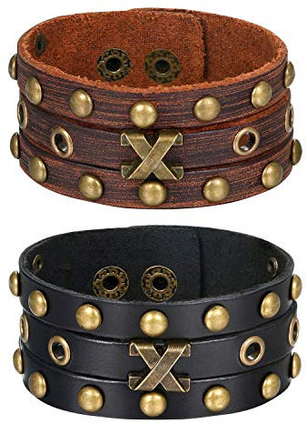 Flongo Herrenarmband Männer Armband Lederarmband, Groß breit Leder Armband Armreif mit Bronze Nieten Braun Schwarz Herren-Accessoires Punk Rock Biker Größen verstellbar 2 Stück