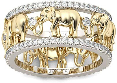 Jeulia 1.5 Karat Elefant Ring Ehering für Frauen 18 Karat vergoldet Verlobungsring Set Zweifarbige Rundschliff Zirkonia Ringe Jubiläumsversprechen Romantisches Geschenk (54(17.3), Weiß)