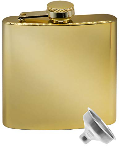 Outdoor Saxx® - Stainless Steel Hip Flask, Golden Mirror Design, Flagon Chest Pocket Bottle, Free Filling Funnel, Great Gift, 6oz Gold, Mirrored