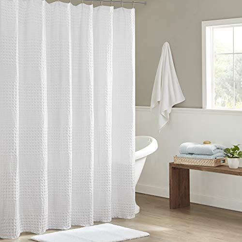 Madison Park Arlo Rideau de Douche 100% Coton, Texture gaufrée, 800 g/m², qualité hôtelière, décoration de Salle de Bain, Lavable en Machine, Brise-Vue en Tissu de Baignoire (182,9 x 182,9 cm, Blanc)