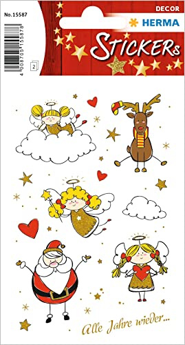 HERMA 15587 Aufkleber Engel Glitzer klein groß, 30 Stück, Weihnachten Sticker mit Weihnachtsmann Rentier Motiv, Kinder Etiketten für Weihnachtsdeko Geschenke Adventskalender Winter Briefe DIY Basteln