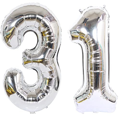 Luftballon zum 31. Geburtstag, silberfarben, 100 cm, Zahlenballon, Dekoration, Party, Fliegen dank Helium, Happy Birthday