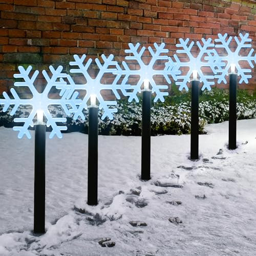 GloBrite 5 Pack Snowflake Garden Lights - Battery Powered 39cm LED Christmas Pathway Lights - IP44 Waterproof Outdoor Xmas Decorations for Garden, Pathways & Outside Trees - 8 Lighting Modes
