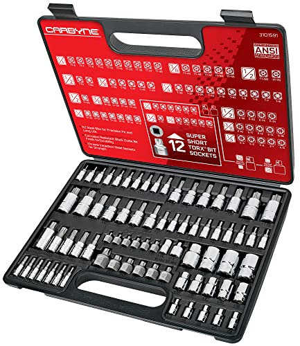 CARBYNE 74-Piece Master Torx Bit Socket Set and E-Torx Socket Set, Stubby Low Profile Super Short T10-T60, Standard T6-T70, Tamper TT6-TT70, Plus TP8-TP60, S2 Steel, Genuine Licensed Torx