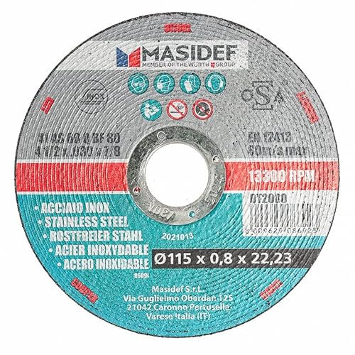 MASIDEF MEMBER OF THE WüRTH GROUP Disco da Taglio, Misura Ø 115 x 0,8 mm, Per Acciao Ino x, Confezione da 1 pezzo, Grigio