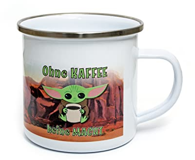TypeStoff Emaille-Tasse mit Spruch - Baby-Yoda - im Vintage-Look mit Zitat als Geschenk und Dekoration zum Thema Kaffee, Tee und Macht - TS-01301