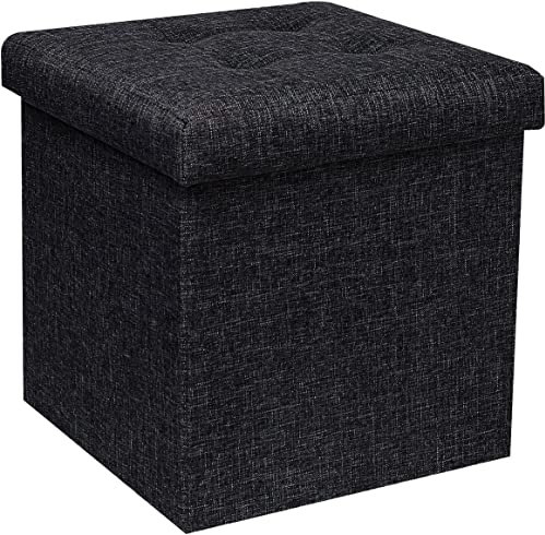 A406 Folding Ottoman Storage Box with Lids Pouffe Seat Stool Foot stool Storage Unit Bench Foot Rest Stool 38cm Grey Black Beige Green (Black-Linen)