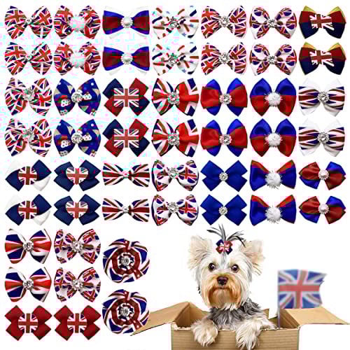 JpGdn 50Pcs/25pairs Pack Dog Hair Bows for Small Medium Dogs Cat Puppy Union Jack British Dog Bowties with Rubber Band Pet Grooming Accessories UK Flag Pattern