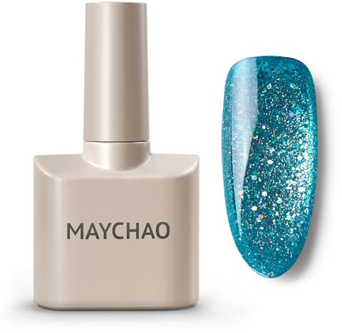 MAYCHAO Glitter Gel Nail Polish, 15ML Mermaid Blue Glitter Gel Nail Polish, Soak Off UV LED Mermaid Blue Sequins Gel Polish Nail Art Starter Manicure Salon DIY at Home, 0.5 OZ