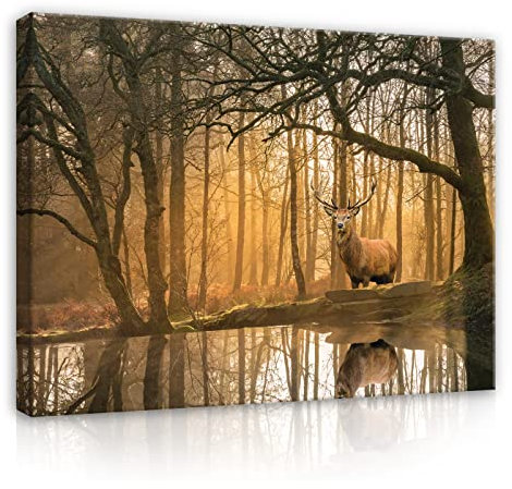 WallArena - Leinwand Bilder - Hirsch Wald Natur Beige Waldtiere Tiere - 60x40 cm Leinwandbilder - Bild auf leinwand - Wandbild XXL groß Wandbilder für Wohnzimmer Schlafzimmer Wohnzimmerbilder Modern