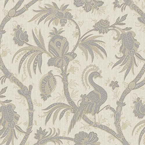 Floral Trail Exotic Birds Wallpaper - Beige Silver - Textured Modern Contemporary - Paste The Wall Heavyweight Vinyl
