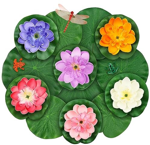 MicButty Fiori Artificiali Di Loto Galleggianti, Ninfee Galleggianti per Piscina, Multicolore Piante Ninfea Artificiale, 10 Cm Stagno Decor Ninfea per Laghetto Giardino Piscina Acquario Casa Nozze