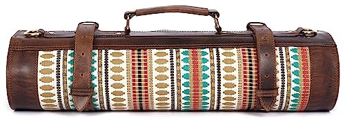 Leather & Jacquard Knife Roll Storage Bag Tolredo Canada | Elastic and Expandable 11 Pockets with Tool Pouch | Adjustable/Detachable Shoulder Strap | Travel-Friendly Chef Knife Case Roll