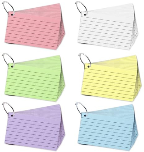 Karteikarten, 7,6 x 12,7 cm, farbige Karteikarten mit Ring, linierte Notizkarten, liniert, Lernkarten, Notizblock, für Zuhause, Büro, Schule, Studium, Uni, 300 Stück