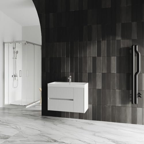 KIAMAMI VALENTINA Unterschrank zur Wandmontage in weiß geriffelt mit Waschtisch | Cortina