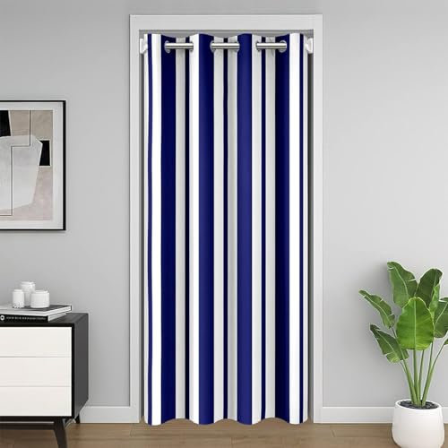 Bleu Blanc Stripes Rideaux Exterieur d'entrée Chaleur Rideau de Porte 132x203cm Géométrique Résumé Rideau Occultant Rideaux Moderne l'art des Rayures Rideaux Interieur Salon Chambre