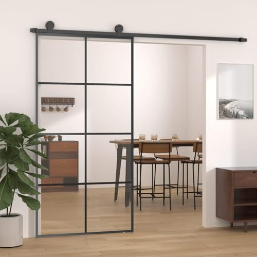 IKAYAA Puerta Corrediza de Vidrio 102.5 x 205 cm Puerta Corredera Interior Puerta Corredera Deslizante de Cristal Seguridad Negro-3