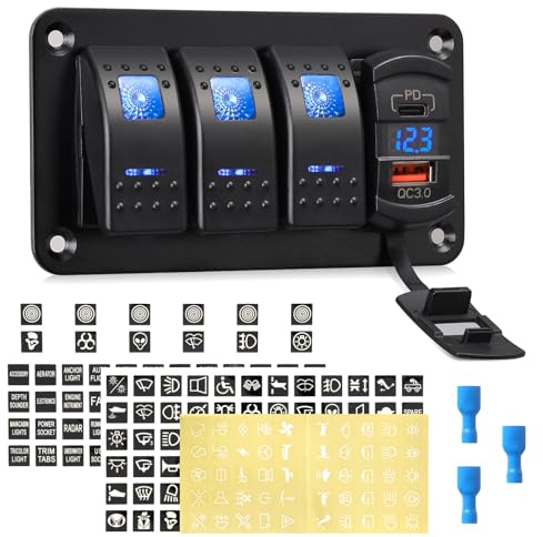 Rupse 12V/24V Schalter Panel, 3 Kippschalter EIN/AUS Aluminium Panel mit PD TYPE-C,QC 3.0 USB Ladebuchse und LED Voltmeter Display,IP65 Wasserdichte Kippschalter für Auto, LKW, Boot, Wohnmobil