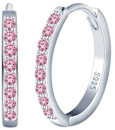 CPSLOVE Orecchini Cerchio da Donna Ragazze Eleganti Orecchini Cerchi con Zircone Rosa in Argento 925 Orecchini Creole de Diametro 1.4cm