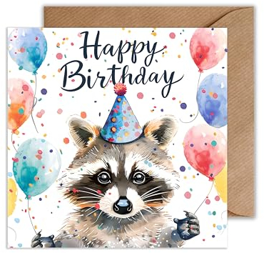 WBdesignz Happy Birthday Waschbär Karte zum Geburtstag - Geburtstagskarte Racoon Geschenk Glückwunschkarte Geburtstag (125 x 125 mm)