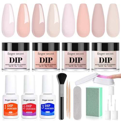 4 Colors Nail Dipping Powder Kit - Nude Pink Dip Powder Nail Kit - Natural Glossy Nail Powder Dip Kit Starter Set - French Nail Art Nail Powder - Essential Liquid Set with Base & Top Coat