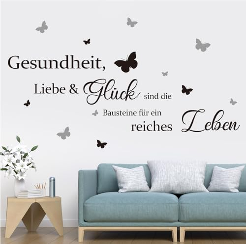 decalmile Wandtattoo Sprüche Glücklich sein Wandaufkleber Gesundheit & Liebe Sprüche und Zitate Schwarz Schmetterlinge Wandsticker Schlafzimmer Wohnzimmer Esszimmer Wanddeko