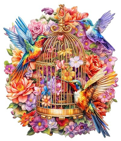 Jigfoxy Wooden Jigsaw Puzzles for Adults, Birdcage and Hummingbird Wooden Puzzles 260pcs, Unique Animal Shape Wood Puzzle, Birthday Gifts for Family Friend with wooden box(13.4 * 11.6in)