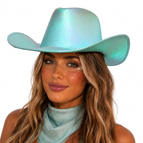 Wicked Costumes Cowgirl Hat, Iridescent Aqua – Disco Cowgirl Festival Party Glam Western Festival Accessory