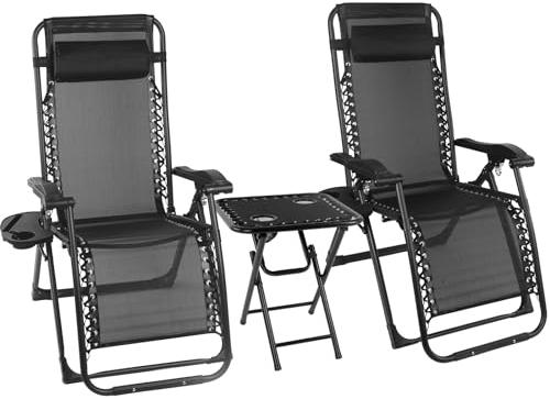 Hengsong Liegestuhl Set,Sonnenliege Klappbar für Zwei Personen mit Netz-Klapptisch&Seitlichem Getränkehalter,Campingstuhl,Strandstuhl für draußen,Garten Doppelliege,Relaxliege Wohnzimmer,Schwarz