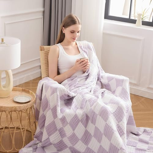 EMME Musselin Decke, Karierte Baumwolldecke für Couch, aus 70% Baumwolle 30% Bambus Sommerdecke, 150x 200cm, Atmungsaktive Weich & Leicht, Vorgewaschen Sofadecke Tagesdecke, Wohndecke,Lavendel