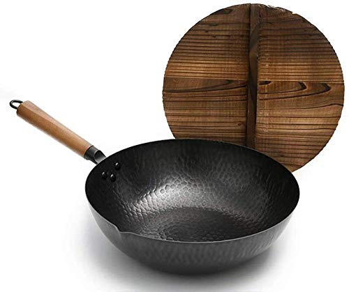 OUZBEM Kochtöpfe, Pfannen, traditioneller handgehämmerter Eisenwok mit Holz, vorgebrannte Wokpfanne aus Gusseisen mit Deckel aus chinesischer Tanne, Schwarze Bratpfanne, Bratpfanne, Topf Vision