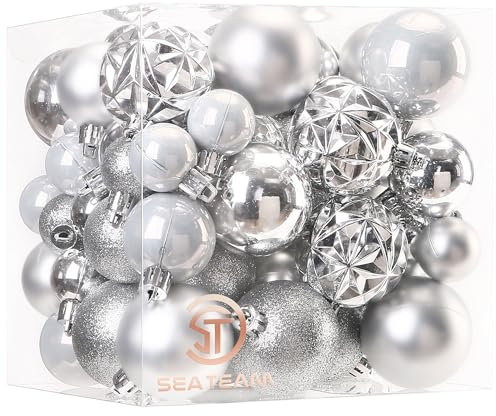Sea Team 70er-Pack Weihnachtskugeln mit Strings, 30mm-50mm/1,18-1,97 Baubles, Bruchsichere Kunststoff-Weihnachtsbirnen, Hängende Dekorationen für den Weihnachtsbaum, Feiertage, Hochzeit, Party.Silber
