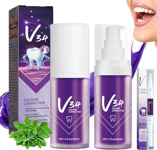 3PCS Dentifrice Blanchissant Violet,Dentifrice Correcteur de Couleur V34,Dentifrice Blancheur,Dentifrice V34,Dentifrice Correcteur Violet,Dentifrices de Nettoyage Buccal pour Blanchiment des Dents