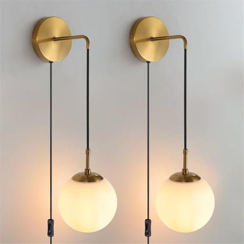 Wall Sconces Set of Two Plug Wall Lamp with Plug in Cord Switch Hanging Indoor Wall Mounted Lights with Globe Glass Shade Black Gold Wall Lighting Fixture Bedroom Living Room (Gold)