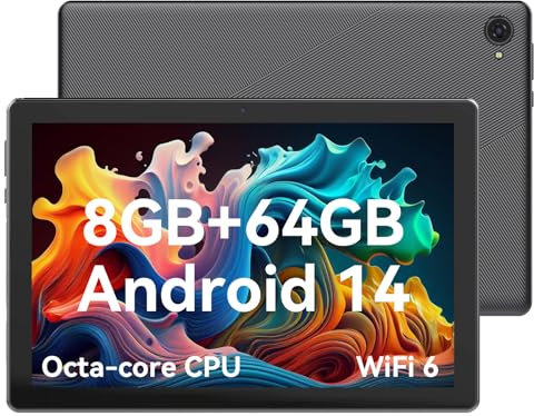 kotsren Android 14 Tablet, 10 inch Tablet, Octa Core Processors, 1280 * 800 IPS HD, Dual Cameras, 8GB RAM 64GB ROM 1TB Expand, Android 14, 2.4G+5G WiFi, Face ID, 5000mAh Battery, Fast Charging - Black