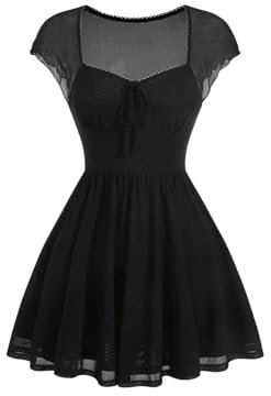 GORGLITTER Women's A Line Flowy Ruffle Mesh Dresses Sweetheart Neck Tie Front Cap Sleeve Mini Dress Black S