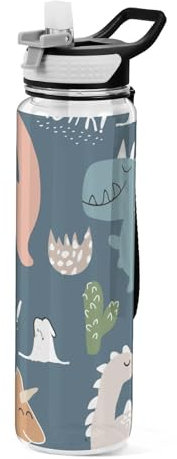 Mnsruu Bouteille d'eau transparente avec paille - Bouteille d'eau étanche en plastique Tritan sans BPA - Motif dinosaure - Pour le sport, le bureau, l'école - 1 litre